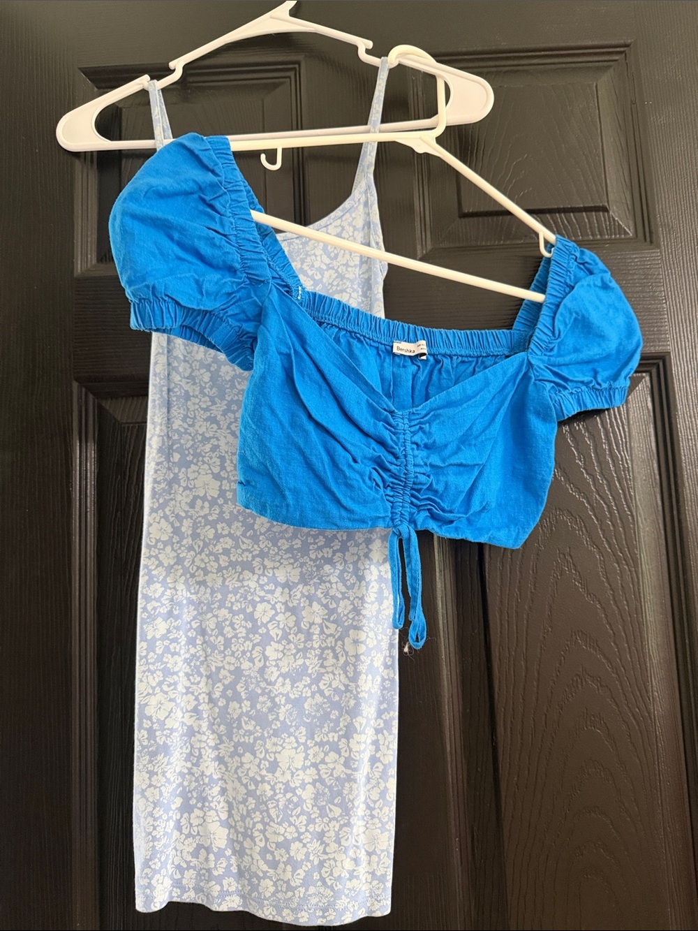 Bershka Blue Ruched Crop Top with Light Blue Floral Mini Dress